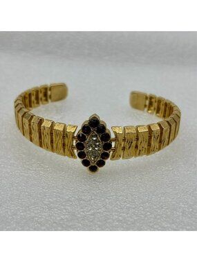 1970s Cuff Bracelet By Elegante Ruby Red Rhinestone Gold Tone-NOS MCM R